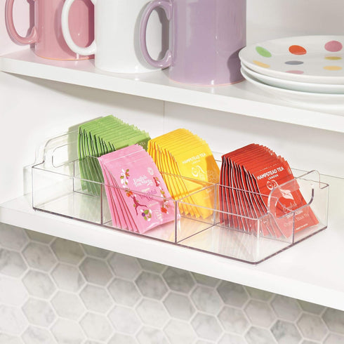 mDesign Compact Plastic Tea Storage Organizer Caddy - 6 Divided Sections with Built-in Handles - Clear Lumiere