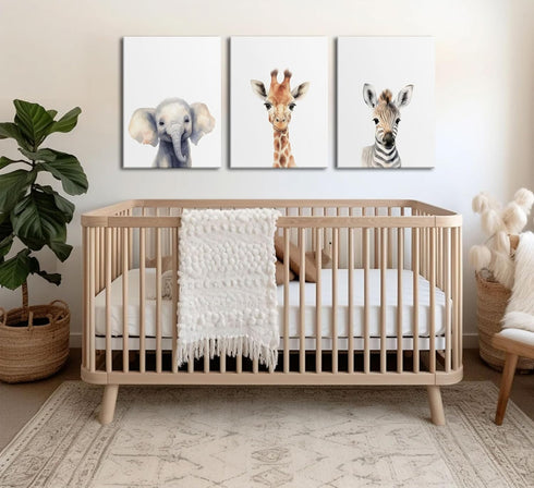Set 3 12x16in Framed Kid'S Room Animals Wall Art Pictures of Cute Giraffe Zebra Elephant Canvas Prints Woodland Nursery