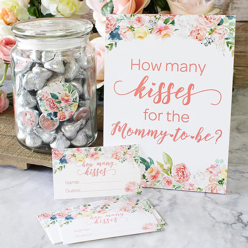 DISTINCTIVS Guess How Many Kisses for the Mommy to Be in the Jar Game - 1 Sign and 30 Cards