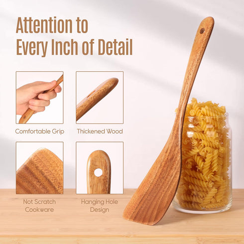 5 PCS Wooden Cooking Spoons, Natural Teak Kitchen Utensils, Smooth Non-Stick Surface, Soft Comfort-Grip