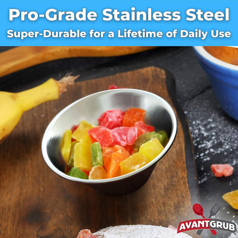 Pro Grade Stainless Steel 1.5oz Sauce Cups, 12 Pk, Reusable Stackable Metal Portion Containers for Dipping Sauces