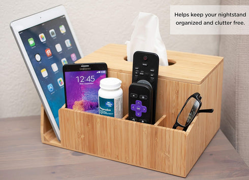 Bamboo Tissue Box Holder & Tablet Stand Organizer - Compartments for iPad, Phones, Remote Controls, Notepads, Pens
