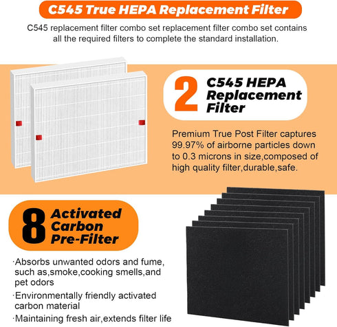 C545 H13 True HEPA Replacement Filter S by Blutoget-Fit for Winix C545 Air Purifier-Replaces Winix S Filter 1712-0096-00,2522-0058-00, 2 True HEPA Filter + 8 Activated Carbon Filters