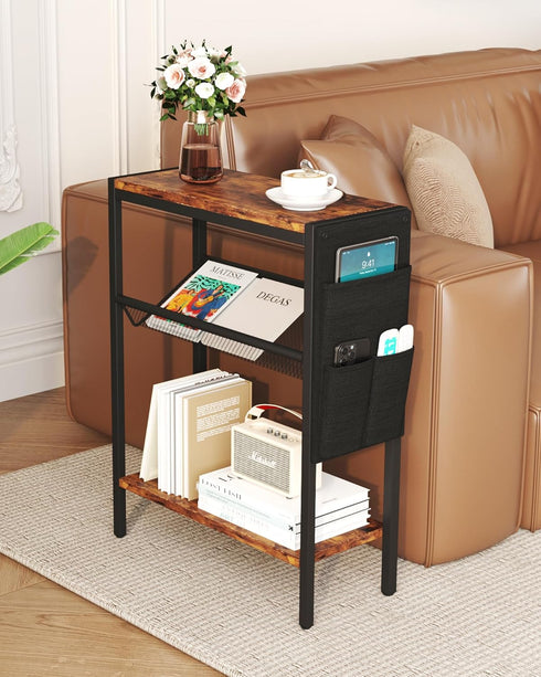 3 Yusong Small Narrow Side Table for Small Spaces, Slim End Table with Storage Bag, Sofa Snack Table with Adjustable