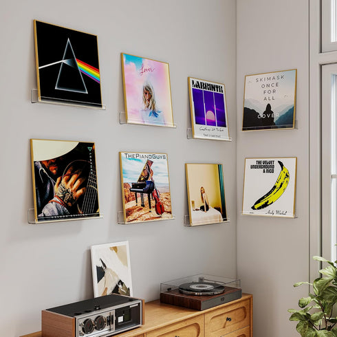 8 Pack 12-Inch Album Laurensory Vinyl Record Shelf Wall Mount, Clear Acrylic Storage Holder, Floating Display Shelves