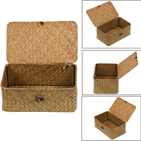 Wicker Basket with Lid, Natural Seagrass Storage Baskets for Organizing, Decorative Boxes Bins with Lids Home Decor