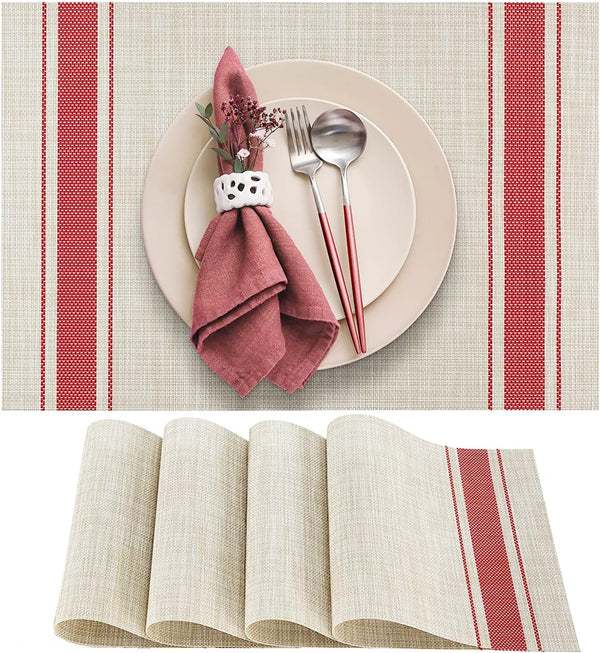 DACHUI Placemats Set of 4 - Soft & Elegant Woven Vinyl, Water Resistant, Red Stripes