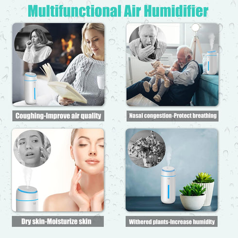 400ML Small Humidifiers for Bedroom Nightstand - USB Cool Mist Humidifier, Easy Clean Travel Mini Portable