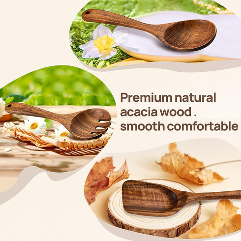 Kitchen Wooden Spoons Utensils Set, 5 Piece Acacia Wood Cooking Utensils for Nonstick Cookware Essentials