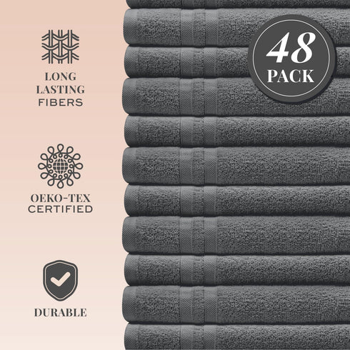 48 Pack 600 100% 12x12 Inches Wealuxe Dark Gray Washcloths - GSM Ring-Spun Cotton Wash Cloths for Showering, Highly