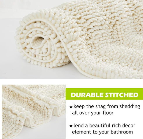 Washable Bath Mats White Rugs for Bathroom - Chenille Anti-Skidding Quick Dry Kitchen Mats, 20" W x 32" L