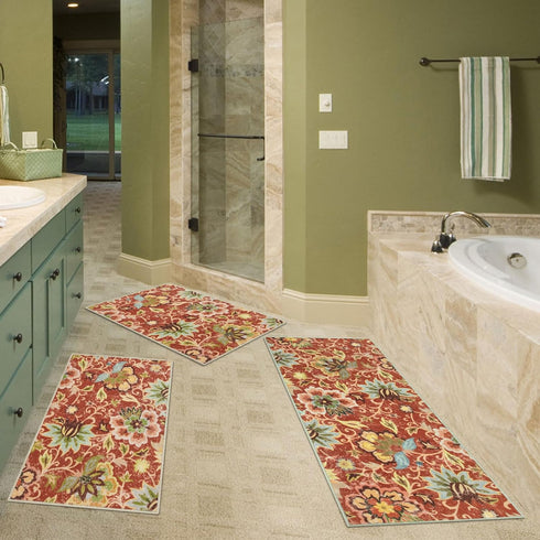 Homcomoda Kitchen Mats 3 Piece Set, Non Slip Washable Floral Kitchen Rugs for Sink, Laundry Room