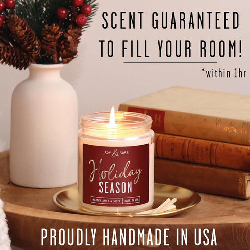 Holiday Candles - Christmas Scented Soy Candle ‘Holiday Season’ with Apple, Cinnamon & Clove - 9oz, 50Hr, Made in USA