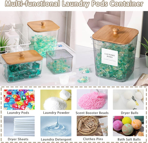4 Pack Laundry Pods Container,Clear Dryer Sheet Holder & Laundry Room Organization and Storage with Lids, Scoops