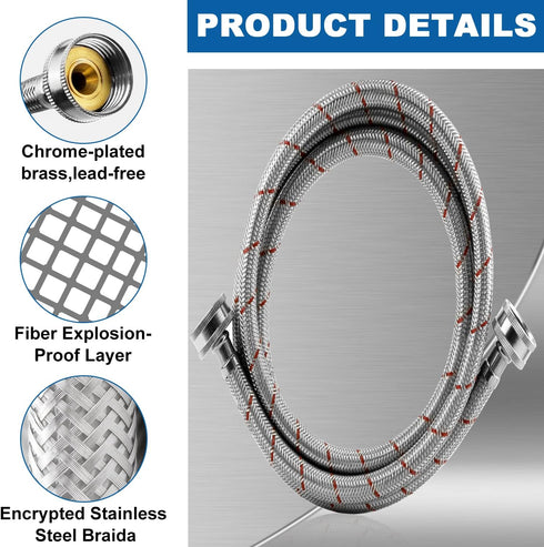 Stainless Steel Washing Machine Hoses, 4ft - 2 Packs Braided Premium Washer Supply Lines for Hot and Cold Water