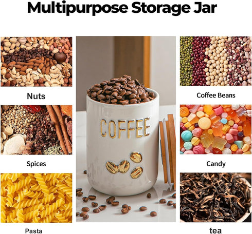 Set 3-Piece Counter 25oz White Ceramic Canister for Coffee Tea Sugar, Food Storage Jars with Wood Airtight Lids