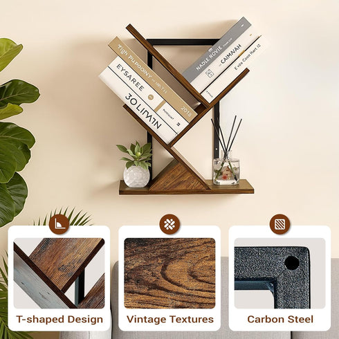 3-Tier Tree Book Shelves for Wall, Small Wall Mounted Shelves, Unique Hanging Bookshelf Storage Rack, Floating