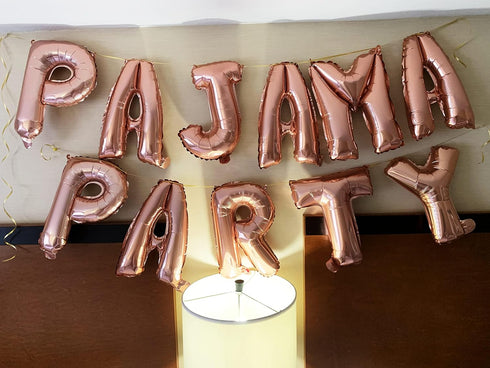 LaVenty Set of 11 Rose Gold PAJAMA PARTY Balloons and Banner for Slumber Party Decor