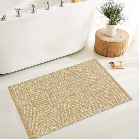 LEEVAN Washable Bathroom Rug - 2'x3' Low Profile Entryway Mat, Tan Cotton Reversible Kitchen Rug for Farmhouse Decor