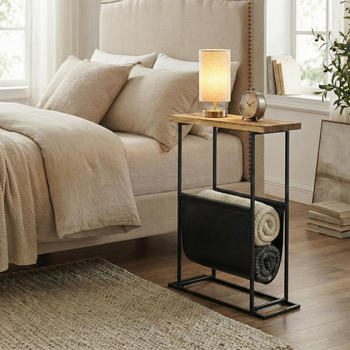 21-Inch MyGift Modern Narrow Living Room End Table with Solid Burnt Wood Tabletop and Black Metal Frame, Bedroom