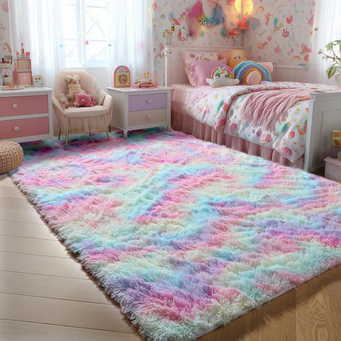 4x6 PAGISOFE Rainbow Fluffy Soft Plush Area Rugs for Girls Bedroom, Shaggy Rugs for Kids Playroom,Kawaii Princess Fuzzy