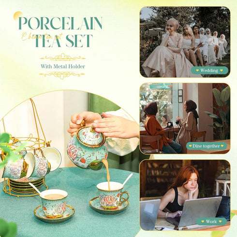 20 Set Set 6 Pcs Porcelain Tea for Adults with Metal Holder and Spoon European Ceramic Tea Party Flower Painting Teapot