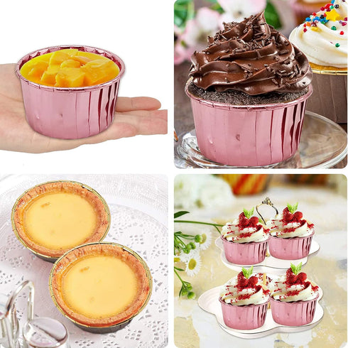 5.5 Oz Foil Muffin Cups 50 Pack, LNYZQUS Jumbo Cupcake Liners with Lids, Disposable Ramekins for Bakery-Rose Gold
