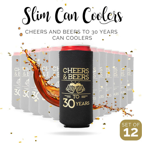 Cheers and Beers to 30 Years Can Coolers, Set of 12 - Black and Gold 30th Birthday Party Decorations for Men and Women
