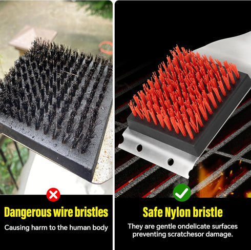 XUDAKAIXIN Nylon Grill Brush, Dual Grip Design, with Extended Luxurious Acacia Wood Handle, Safe Nylon Bristles