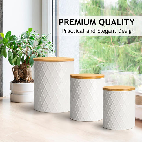 Set 3 Sets Counter, Set MIAMIO of Canister for Kitchen Ceramic Kitchen Canister with Airtight Seal Wooden Lid - Perfect