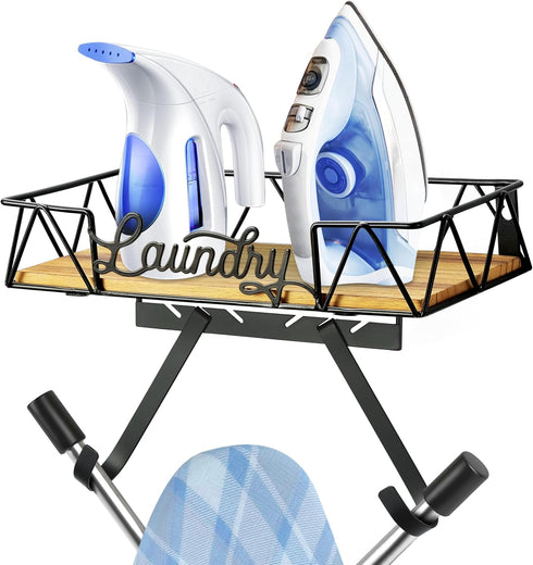 PERFNIQUE Ironing Board Holder, Wall Mount Ironing Board Hanger, Laundry Room Organization with Removable Hooks, Wooden