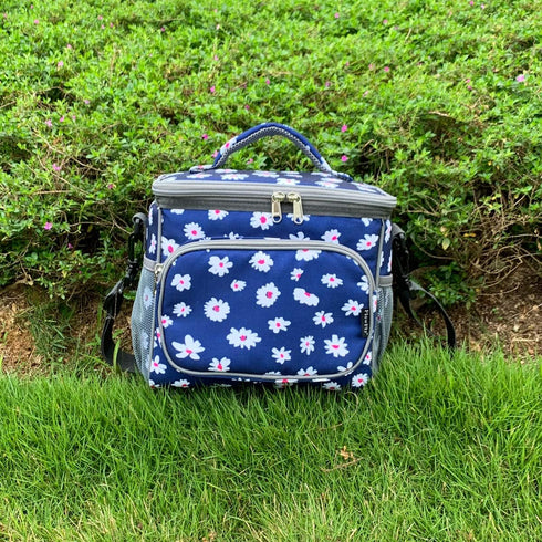 FlowFly Insulated Reusable Lunch Bag, Large Lunch Box for Women and Men, Daisy with Adjustable Shoulder Strap