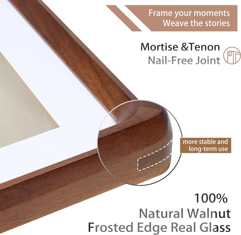 8x10 5x7/6x8, Picture Frame with Mat for USA-Sourced Natural Walnut Wood Handcrafted Rounded Corner with Real Glass