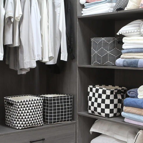 Sea Team Foldable Large Square Black and White Geometric Storage Bins, 100% Natural Linen & Cotton, Set of 4
