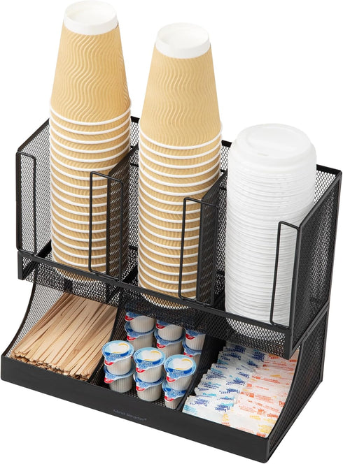 Mind Reader Cup and Condiment Station, Countertop Organizer for Coffee Bar, Metal Mesh, 13"L x 6.45"W x 11.25"H, Black
