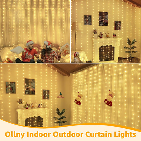 600LED 19.7ft 9.8ft, IP67 8 3 Ollny Curtain Lights x Waterproof Outdoor Curtain Rice Lights with Remote, Plug