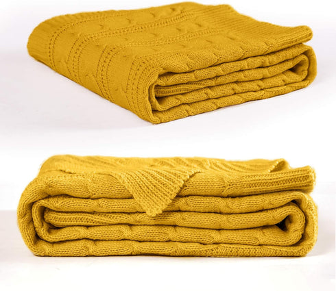 jinchan 50"x60" Cozy Cable Knit Throw Blanket for Couch Lightweight Soft Throw Blanket Mustard Yellow Decorative Throws