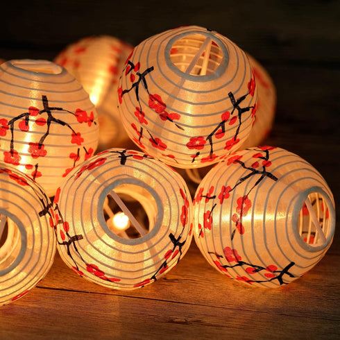 YULETIME Plum Blossom Lantern String Lights, 10 Count Nylon Lantern on 7.6' White Wire, UL Listed