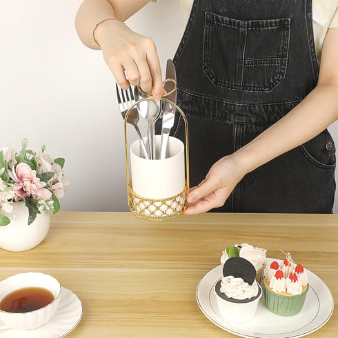 JUXYES Ceramic Silverware Holder for Tabletop, White Cutlery Holder with Golden Metal Bracket for Kitchen