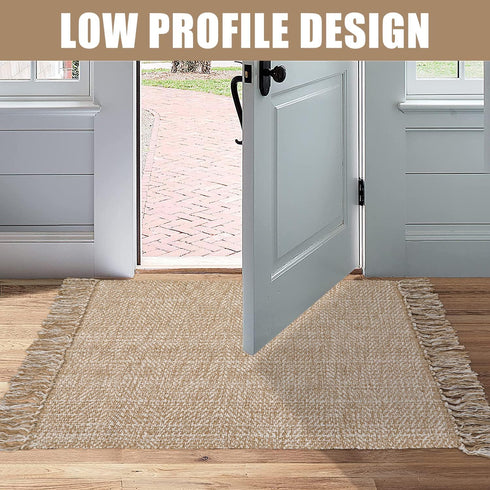 Collive Small Bathroom Rug, 2' x 3' Hand-Woven Low Profile Entryway Rug, Tan Cotton Reversible Washable Mat