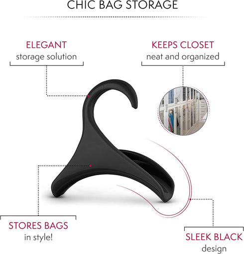 Bag-a-Vie Purse Hanger for Closet, Handbag Organizer Hooks for Hanging Bags & Purses, Black Plastic