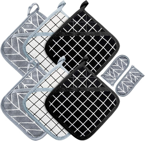 Heat Resistant Potholders Hot Pads - 6 Kitchen Pot Holders Set with 2 Pan Hot Handle Holders for Cooking