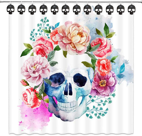 Set of 12 Decorative Sugar Skull Shower Curtain Hooks - Stainless Steel Rustproof Skeletons Bathroom Rings (Black)