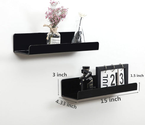 IEEK 15 Inch Black Acrylic Floating Wall Ledge Shelf, Wall Mounted Nursery Kids Bookshelf, Set of 3