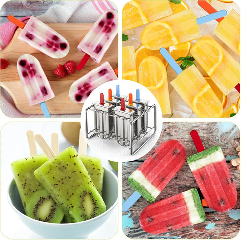 Jingmore 6 Frozen Stainless Steel Pop Molds, Round Head Metal Pop Molds with Holder & Reusable Sticks, Metal Ice Cream