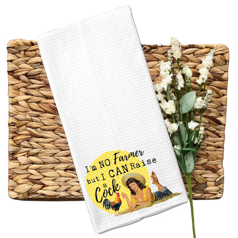 I'm No Farmer, but I Can Raise a Cock Funny Chicken Rooster Vintage Towel, Waffle Weave Microfiber Kitchen Gift