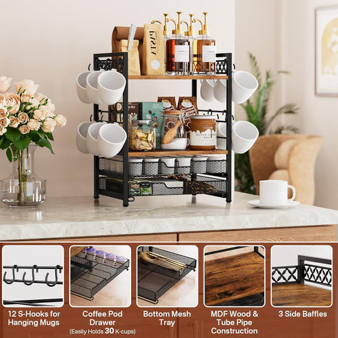 4 12 Countertop Plaviya Coffee Bar Station Organizer, Tier K Cup Organizer Mug Holder with Hooks, Coffee Pod Holder