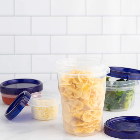 PLASTICPRO Food Storage Freezer Deli Containers Clear Bottom with Blue Top Twist on Lids Reusable, Stackable (32 oz 6