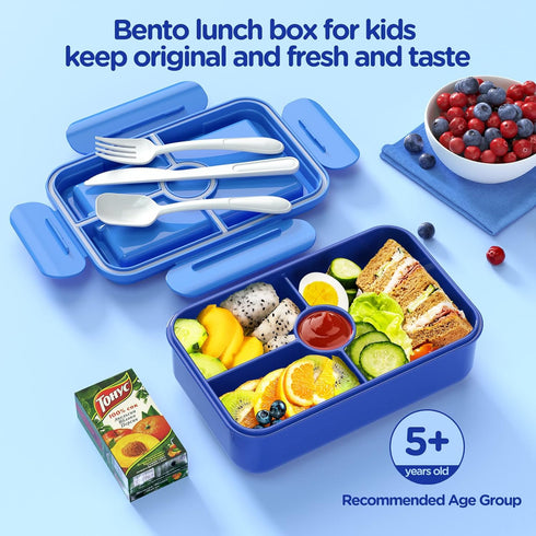 Jelife Bento Lunch Box, Kids Prints Leakproof 4 Compartments Large Bento-Style Bento Box Toddler Lunchbox Containers with Tableware Back to School, Reusable On-the-Go Meal and Snack Packing, Dianosar