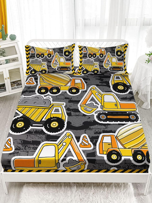 Datura home 4Pcs Set 1 1 2 Set Construction Truck Twin Sheet - Flat Sheet, Fitted Sheet, Pillowcases - Truck Yellow
